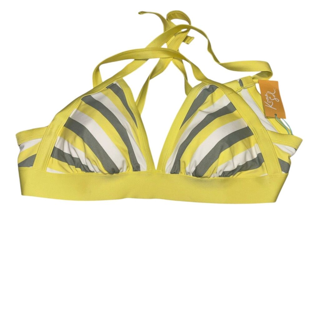 Kona Sol Yellow Striped Halter Bikini Top Women's Size 1X Plunge Swim Top NWT